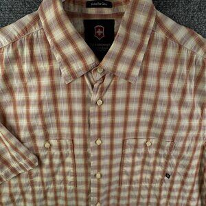 Victorinox Short Sleeve Extra Fine Cotton Button Up Shirt Plaid Large Beige **